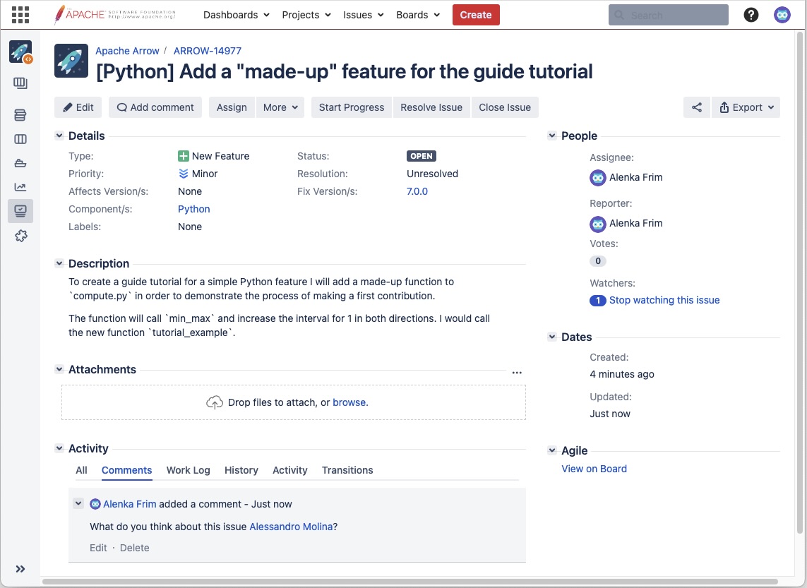 JIRA page of the issue just created.